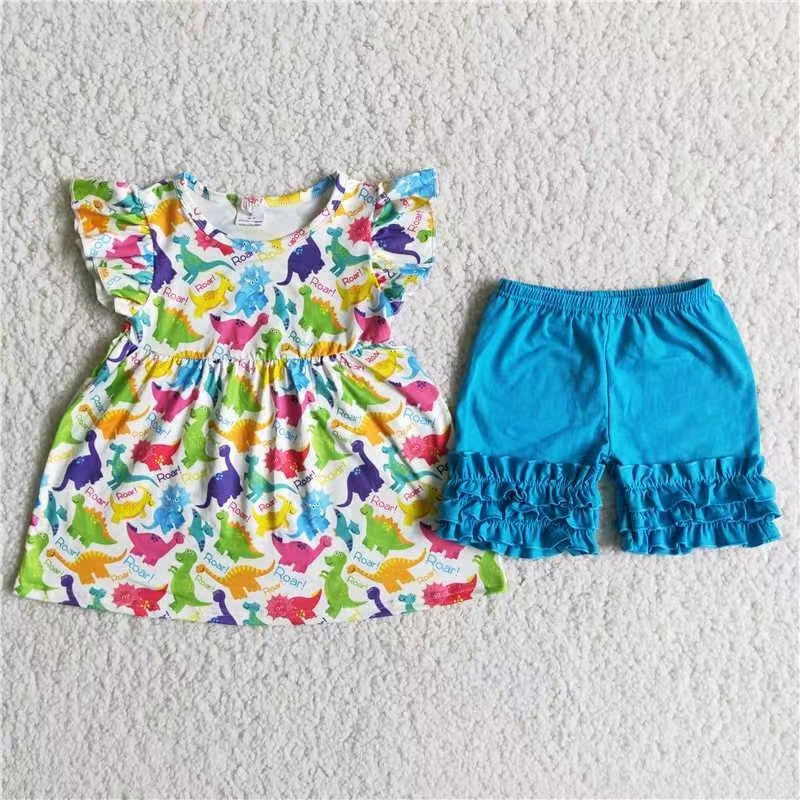 Dinosaur colorful puffy short sleeve blue ruflle shorts girl outfit 0707 RTS