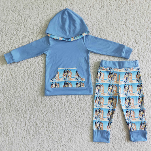 boy blue cartoon dog print pocket kids clothing sets hoodie outfit