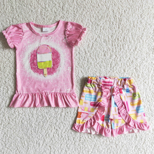 promotion C10-26 ice cream pink ruffles girl short sleeve shorts outfit 20230424 RTS