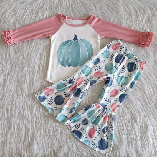 girl pink raglan blue pumpkin long sleeve bell bottom pant outfit