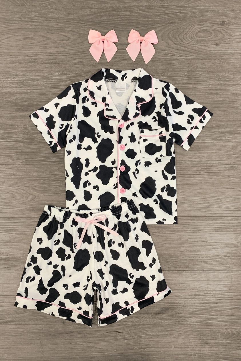 RTS white black farm cow print pajamas pink buttons shorts boy girl outfit  0601