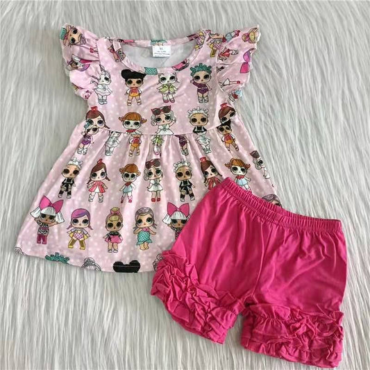 pink cartoon glasses puffy rose red ruffles girl short sleeve shorts outfits