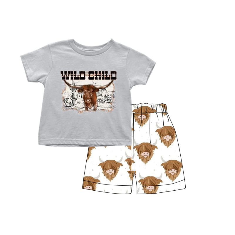 gray top wild child print short sleeve shorts boy outfits 0321