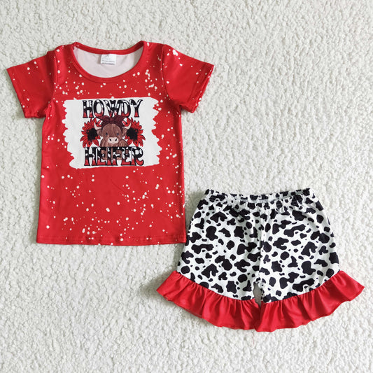 promotion HOWDY HEIFER letters cow print red flower short sleeve shorts girl outfits 202405