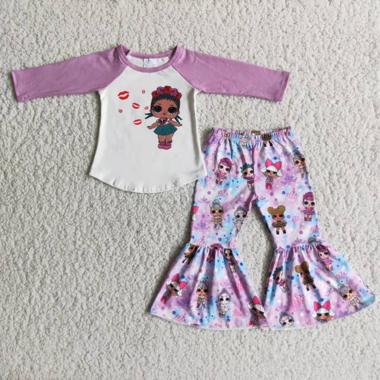 promotion 6A9-14 purple raglan cartoon girl long sleeve bell bottom outfits