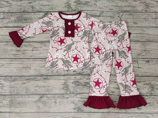 cactus stars red long sleeve girl pajamas outfit 0921 preorder