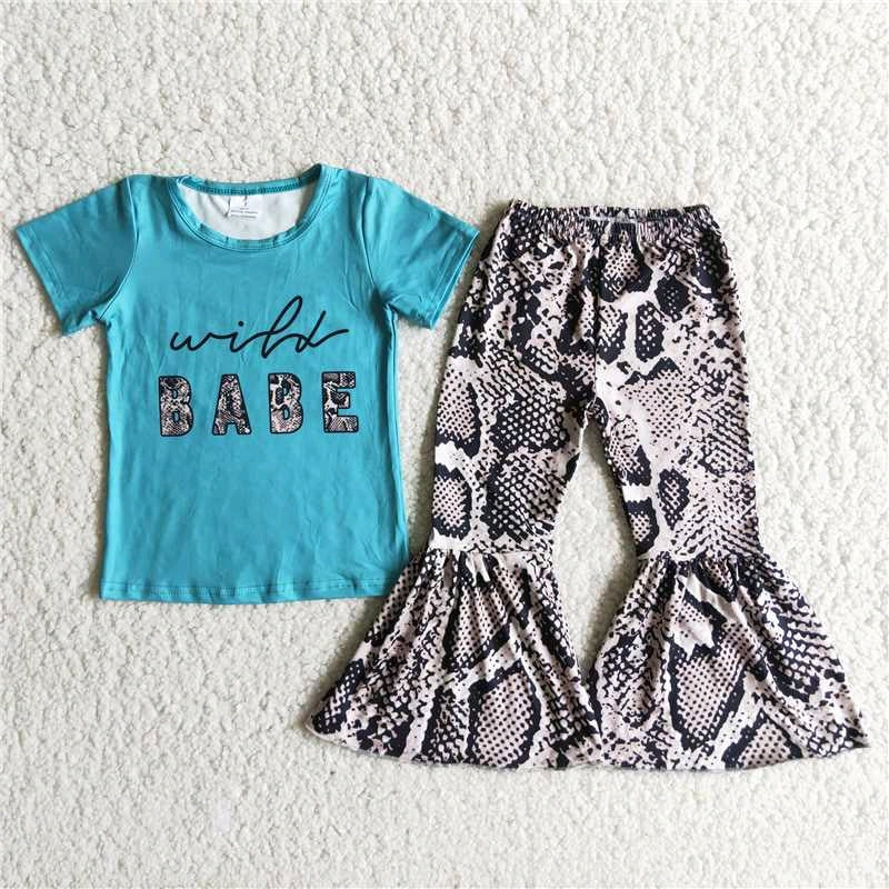 promotion B10-1 Letter blue snack print short sleeve bell bottom pants outfit