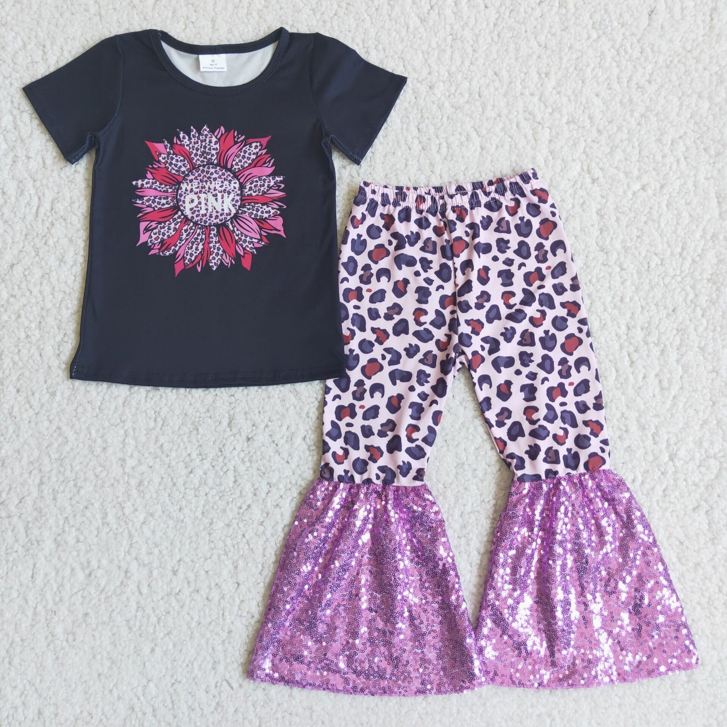 202408 promotion C4-21 flower purple sequins leopard print black short sleeve bell bottom pants girl outfit