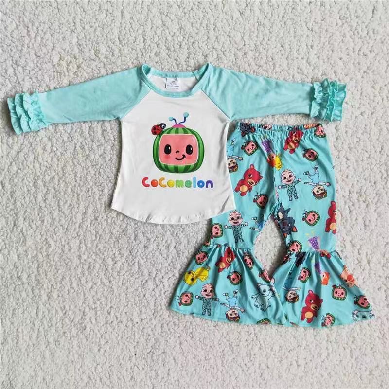 PROMOTION 6 B10-38 blue ruffles watermelon cartoon long sleeve  bell bottom pants outfit 202408