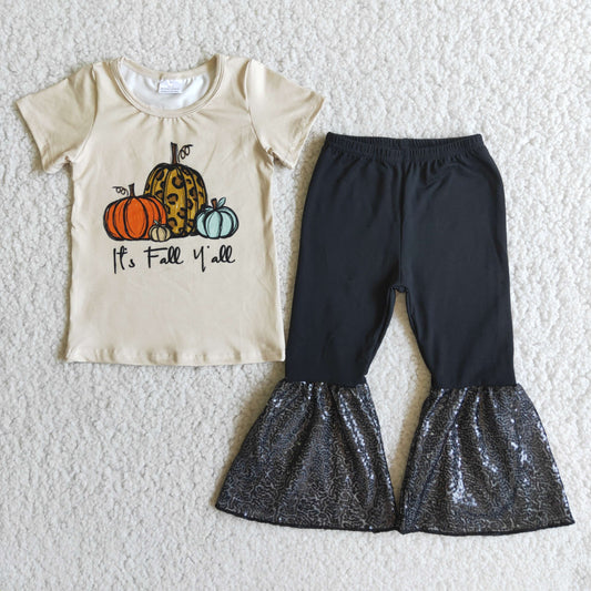 Promotion  pumpkin black sequins short sleeve bell bottom pant outfit