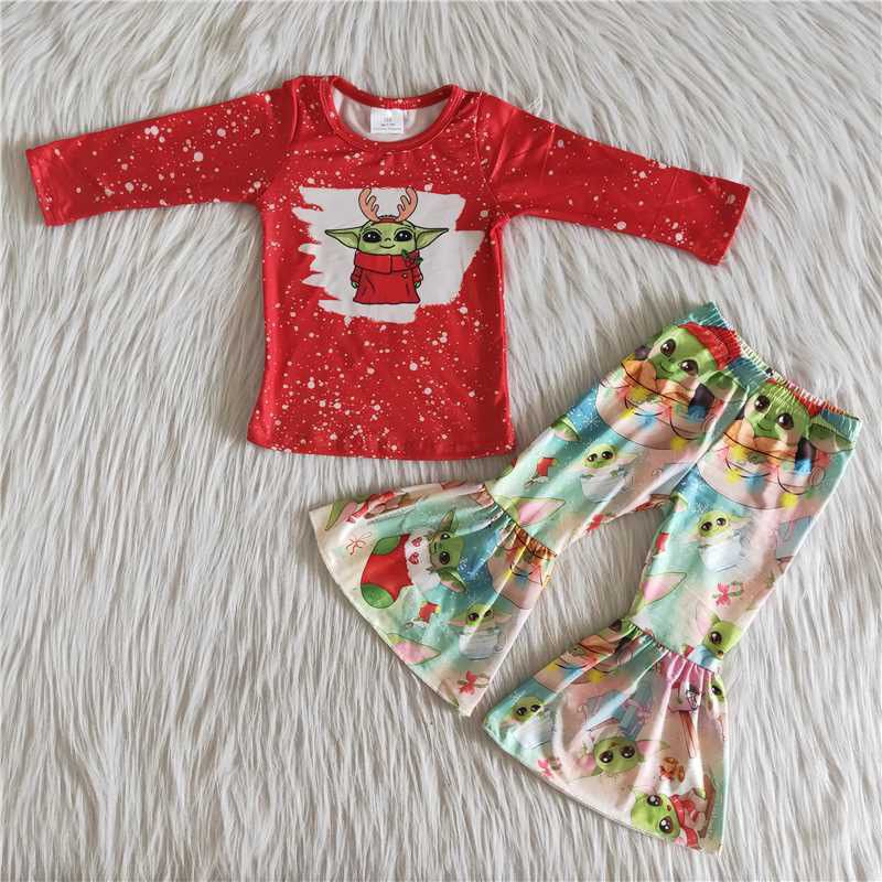 christmas green head Cartoon girl red long sleeve bell bottom pants outfit