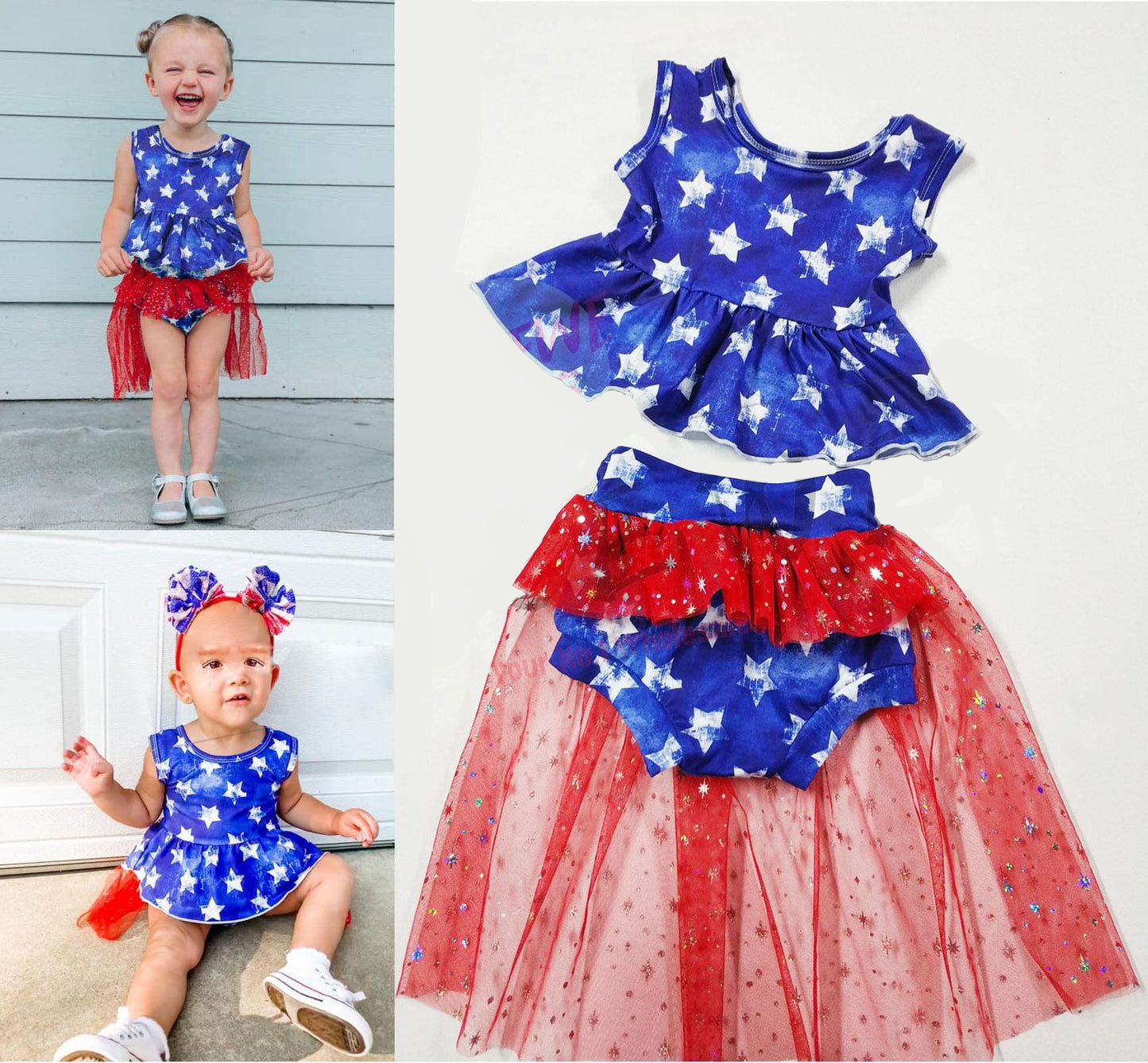 promotion price GBO0027 4th American national girl blue white stars short sleeve red Tulle gauze gauzy bummie outfit 0414