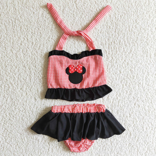 cartoon pink plaid mouse bow girl swimwear 0324