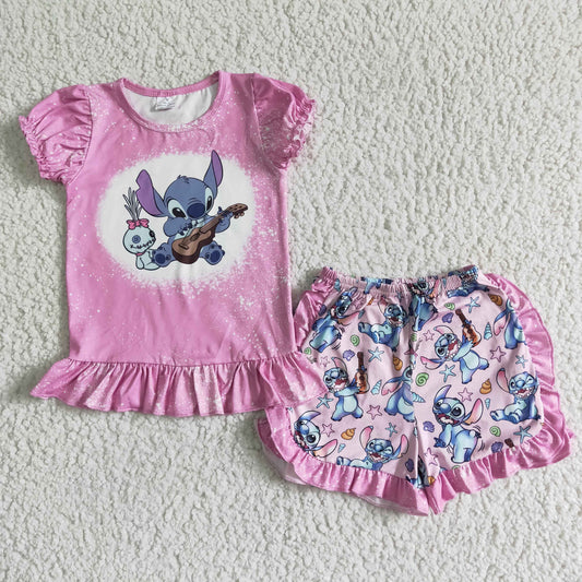 GSSO0015 RTS Pink Stitch Set top cartoon baby guitar print short sleeve shorts girl outfits 20230505 RTS