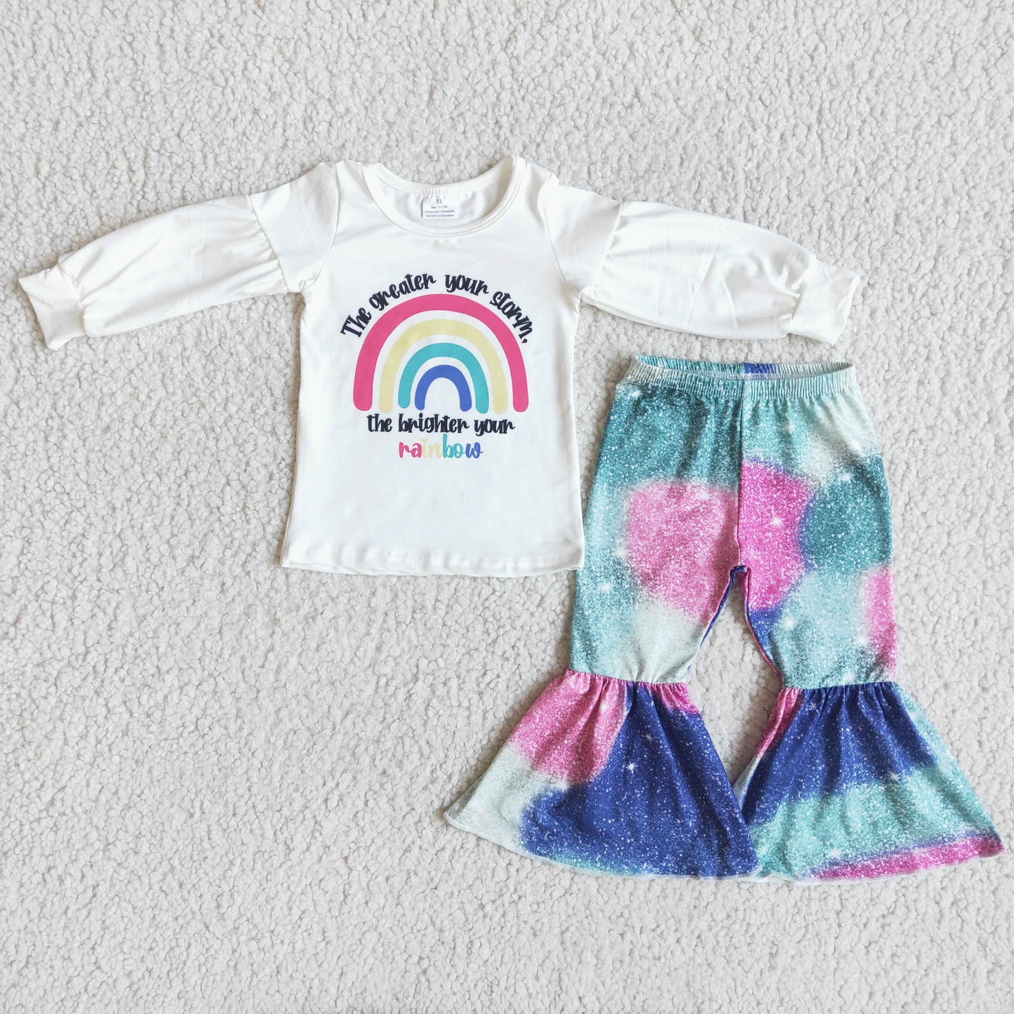 Promotion RTS rainbow girl white long sleeve bell bottom pant outfit