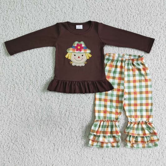 RTS brown long sleeve embroidery scarecrow plaid pants girl outfit clothes real pic 0719