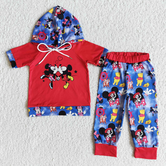 promotion E8-27 boy cartoon mouse red blue short sleeve hoodie outfit