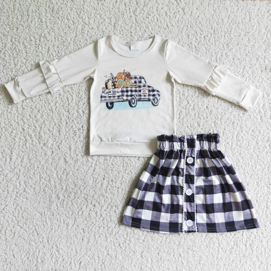 promotion RTS GLD0070 long sleeve pumpkin car black plaid skirt girl outfit 0812