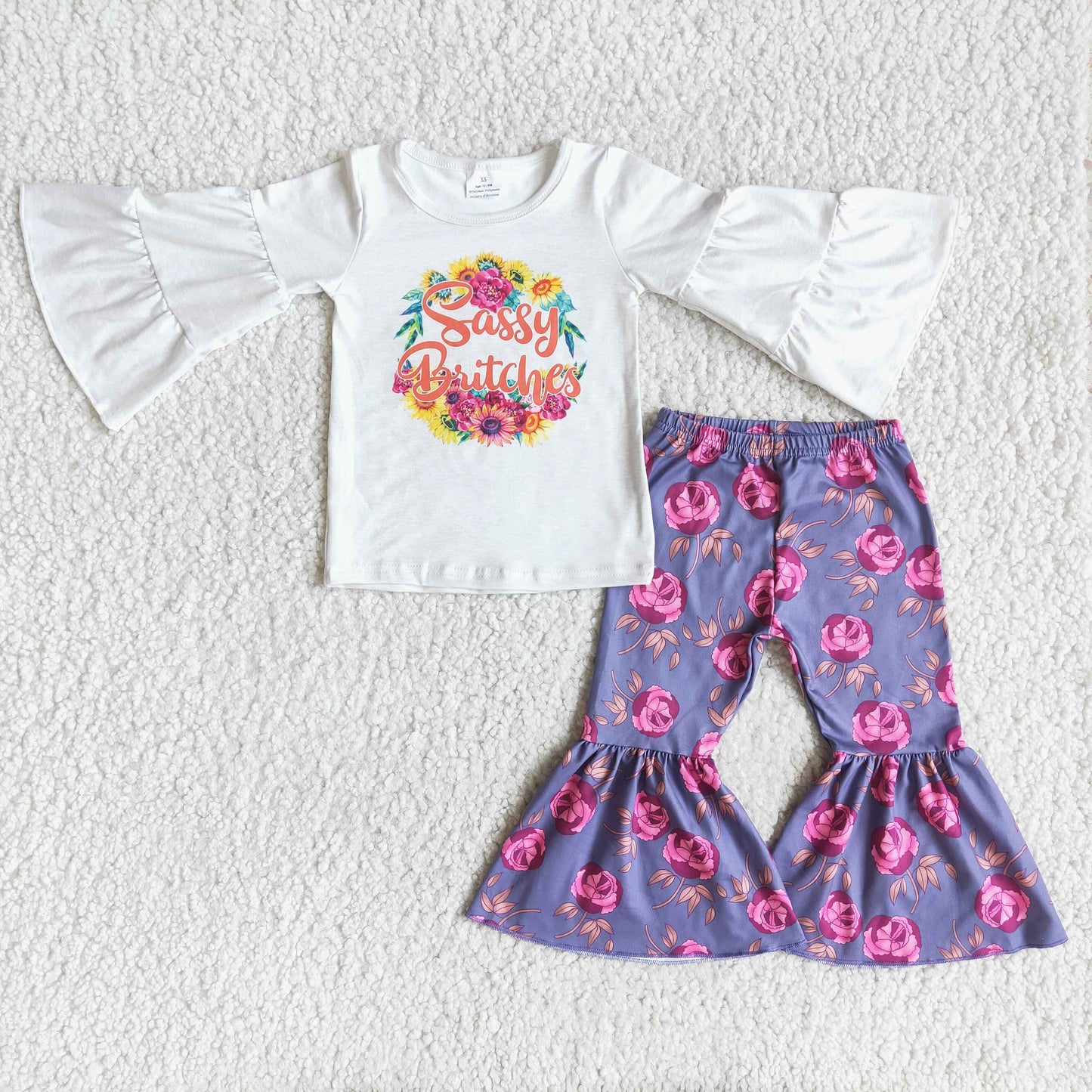 Promotion 6 A0-11 sassy girl floral white long sleeve bell bottom pant outfit 202408