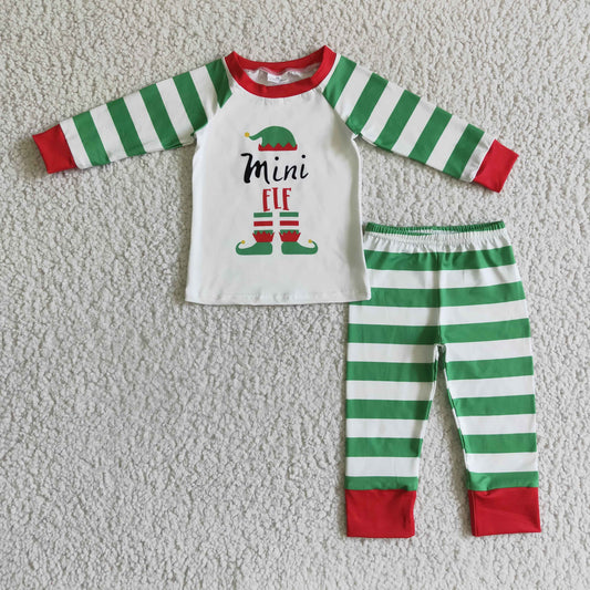 RTS 1011 green stripe Christmas  long sleeve mini girl boy pajamas outfit