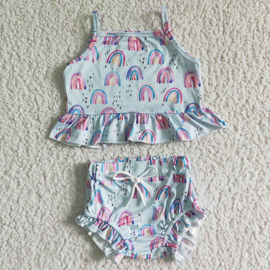 promotion RTS GBO0033 colorful rainbow green sling shoulder sleeve shorts girl outfits 0427