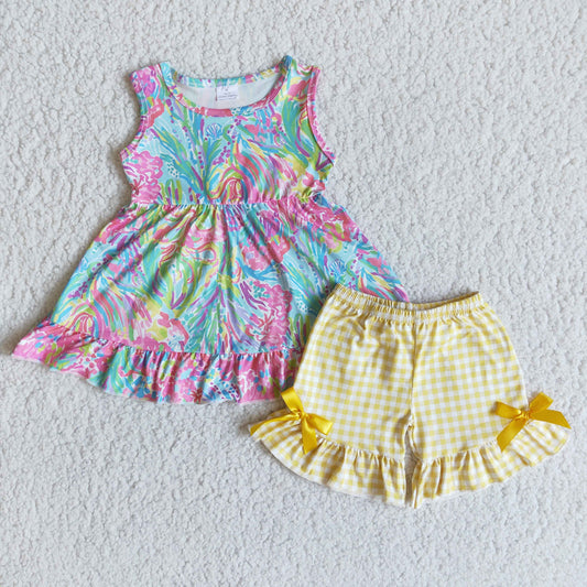 tie-dyed yellow bow plaid short sleeve shorts girl outfits