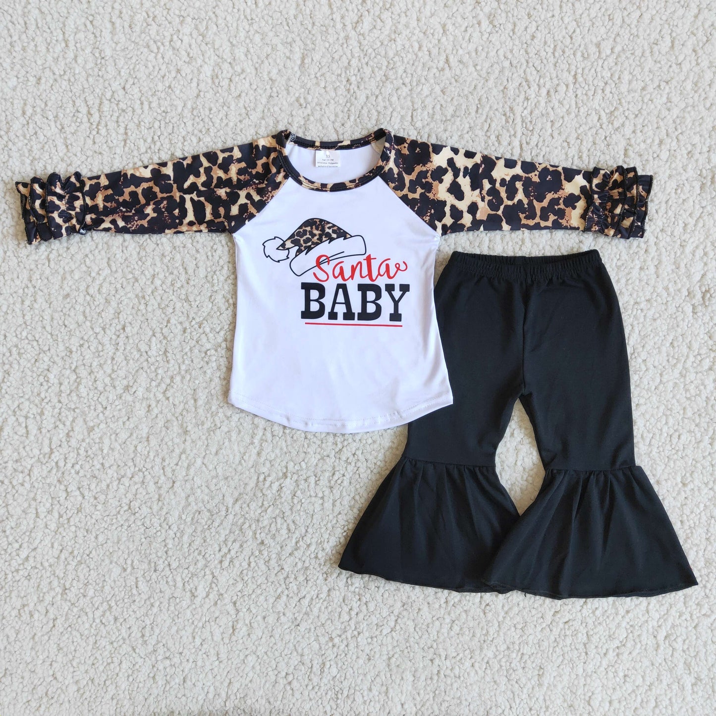 Promotion Christmas girl santa baby letters leopard raglan ruffles long sleeve bell bottom pant outfits