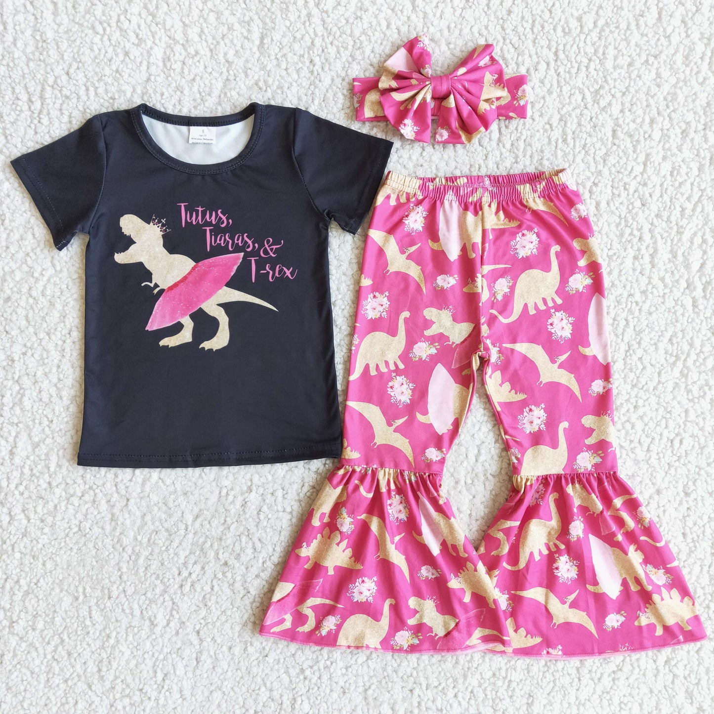 Promotion cartoon golden pink dinosaur black girl short sleeve bell bottom pant bow headband 3pcs outfit