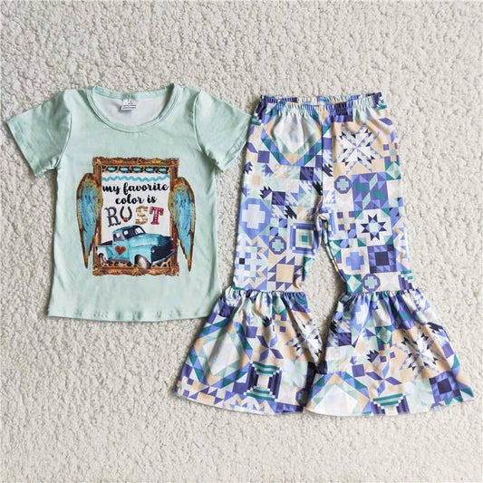 promotion price C6-15 bust car green blue short sleeve bell bottom pant girl outfit