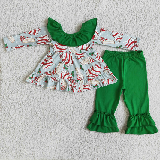 promotion Christmas tree girl green big bow lace long sleeve pant outfit