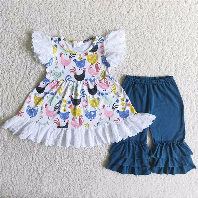 Chicken pattern lace puffy blue ruffles short sleeve pants outfits