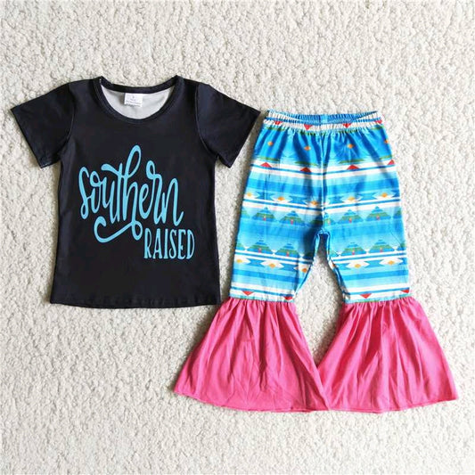 promotion price B11-13 southern letters stripe black blue short sleeve bell bottom pant girl outfit