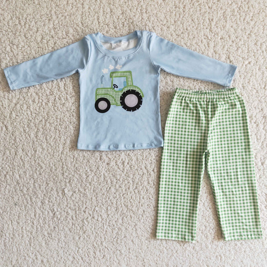 promotion 6 C11-19 blue ruffles top tractor print green plaid pants long sleeve bell bottom boy outfits 0104