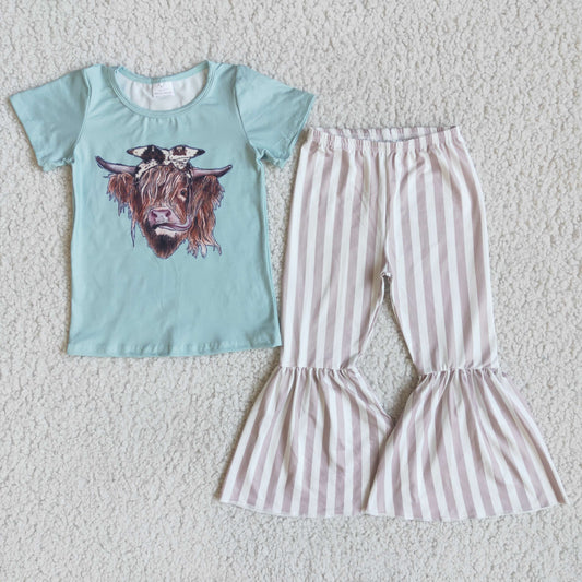 promotion cattle stripe short sleeve bell bottom pant girl outfit