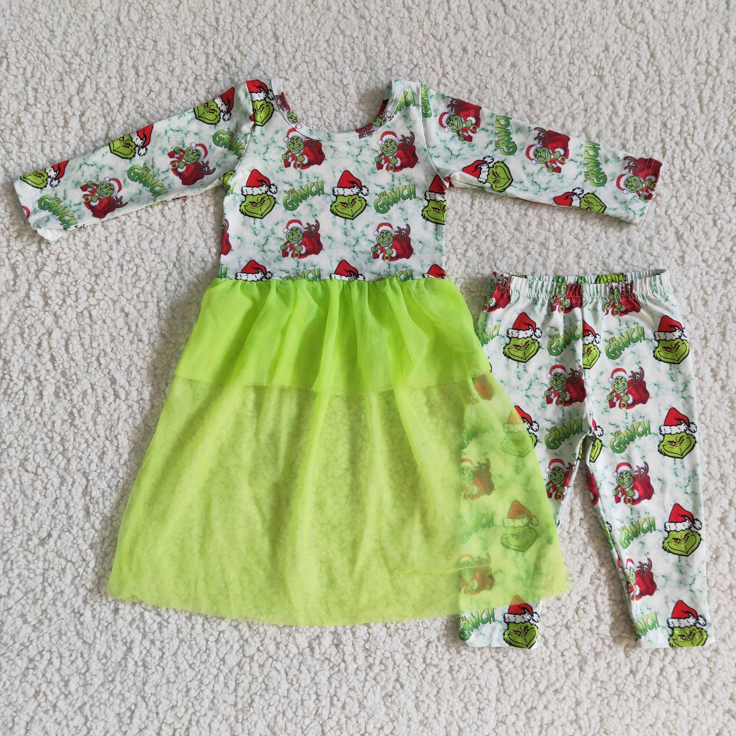 Christmas girl green cartoon print tulle gauze dress long sleeve legging pants outfit