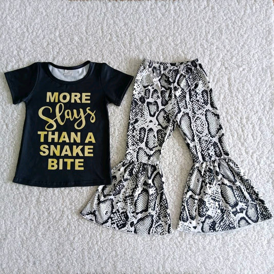 promotion B3-24 more letters snake print black short sleeve bell bottom pant girl outfit