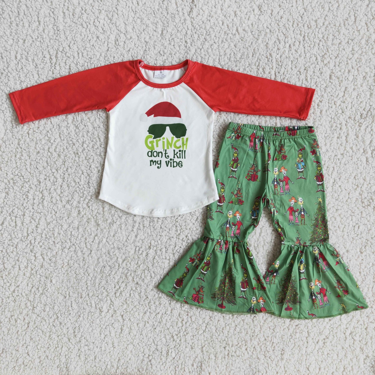 Christmas red raglan green cartoon white long sleeve bell bottom outfit