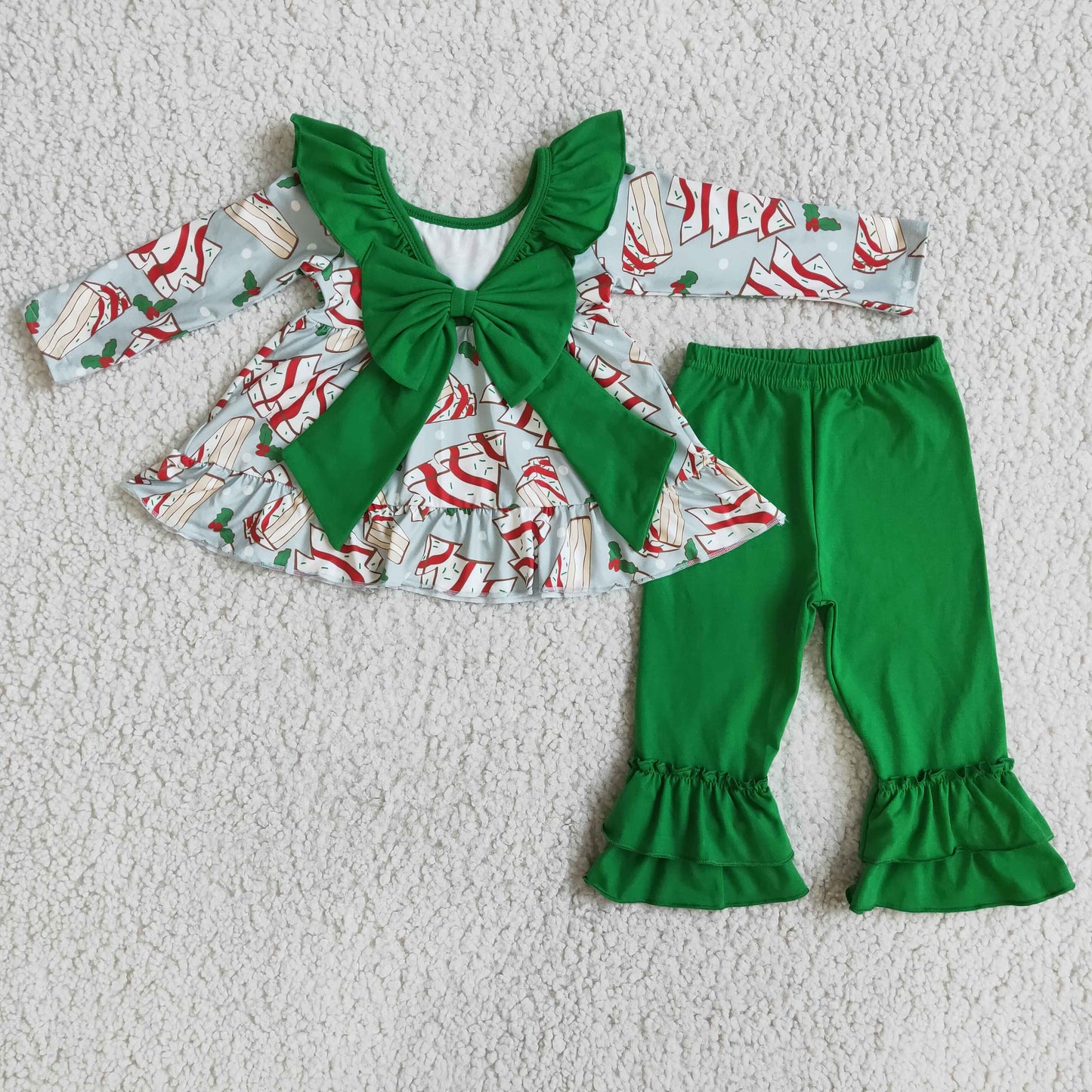 promotion Christmas tree girl green big bow lace long sleeve pant outfit