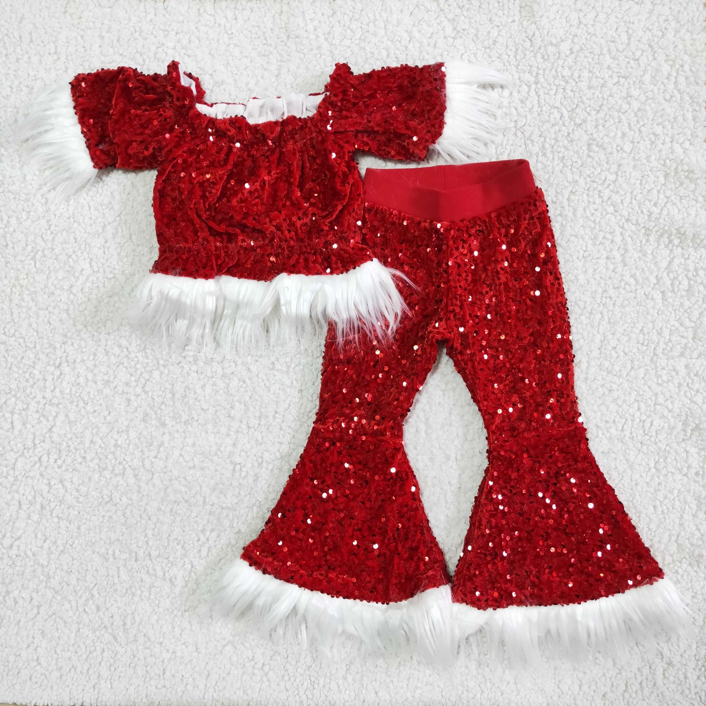 red sequin fur long sleeve off shoulder bell bottom pant girl outfit Christmas clothes