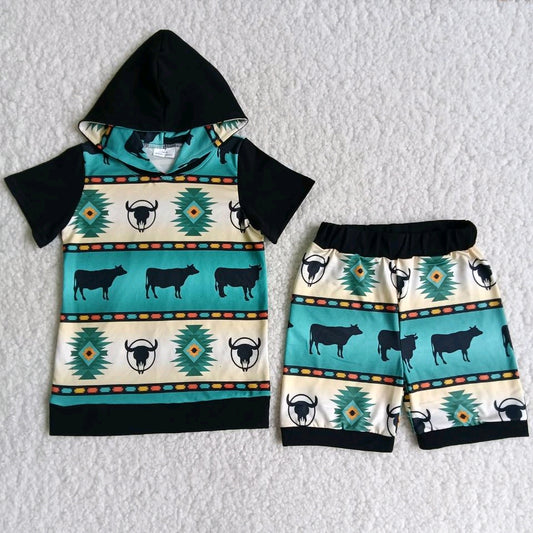 cow farm print short sleeves hoodies shorts boy short sleeve shorts set