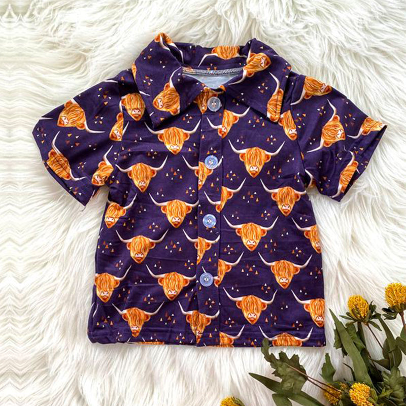 RTS cow purple boy short sleeve top Boy shirts 0527