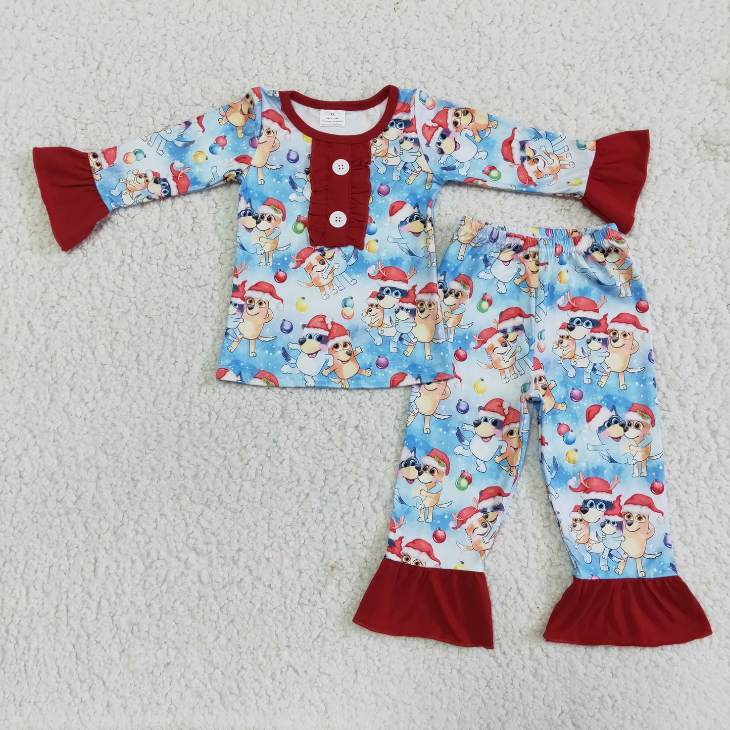 Christmas girl blue cartoon dog red lace long sleeve pajamas outfits