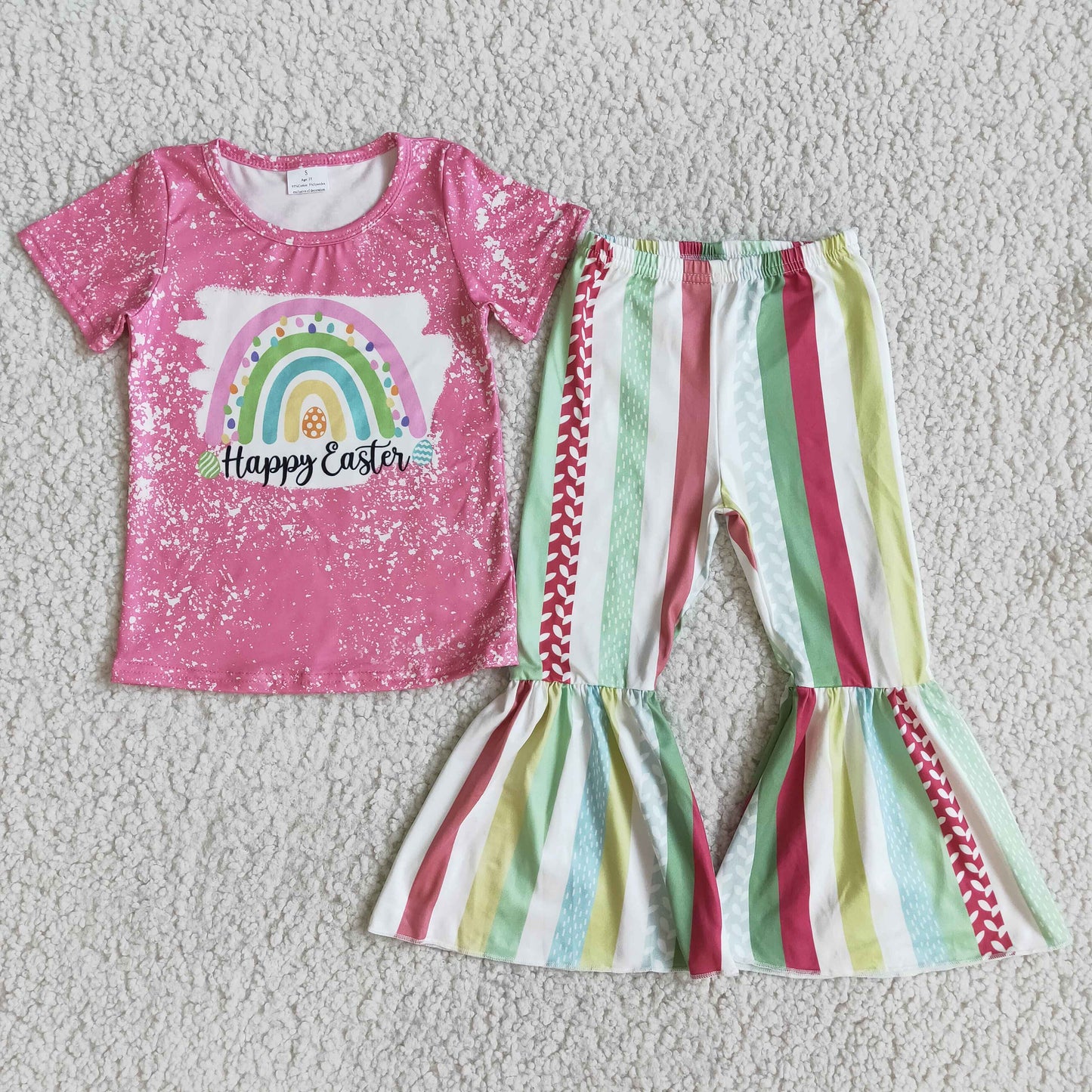 promotion pink happy easter stripe girl short sleeve bell bottom pant outfit