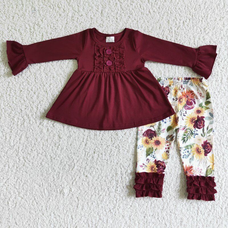 long flare sleeve red long sleeve yellow sunflower ruffles legging girl outfit 0815 RTS