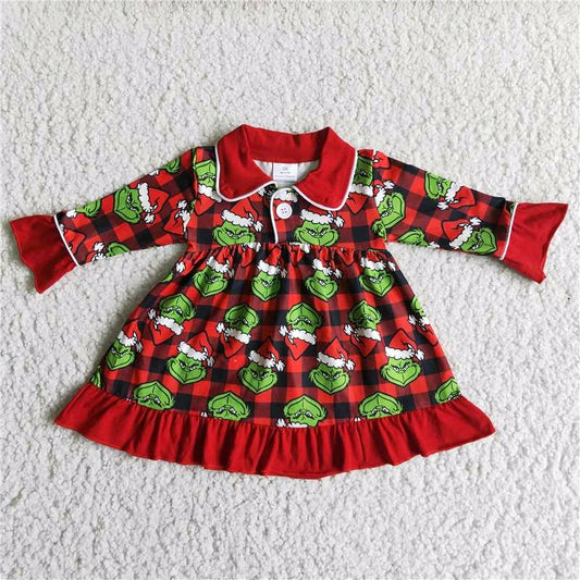 6 A1-28 christmas green cartoon collar button long sleeve girl dress 20230613 RTS