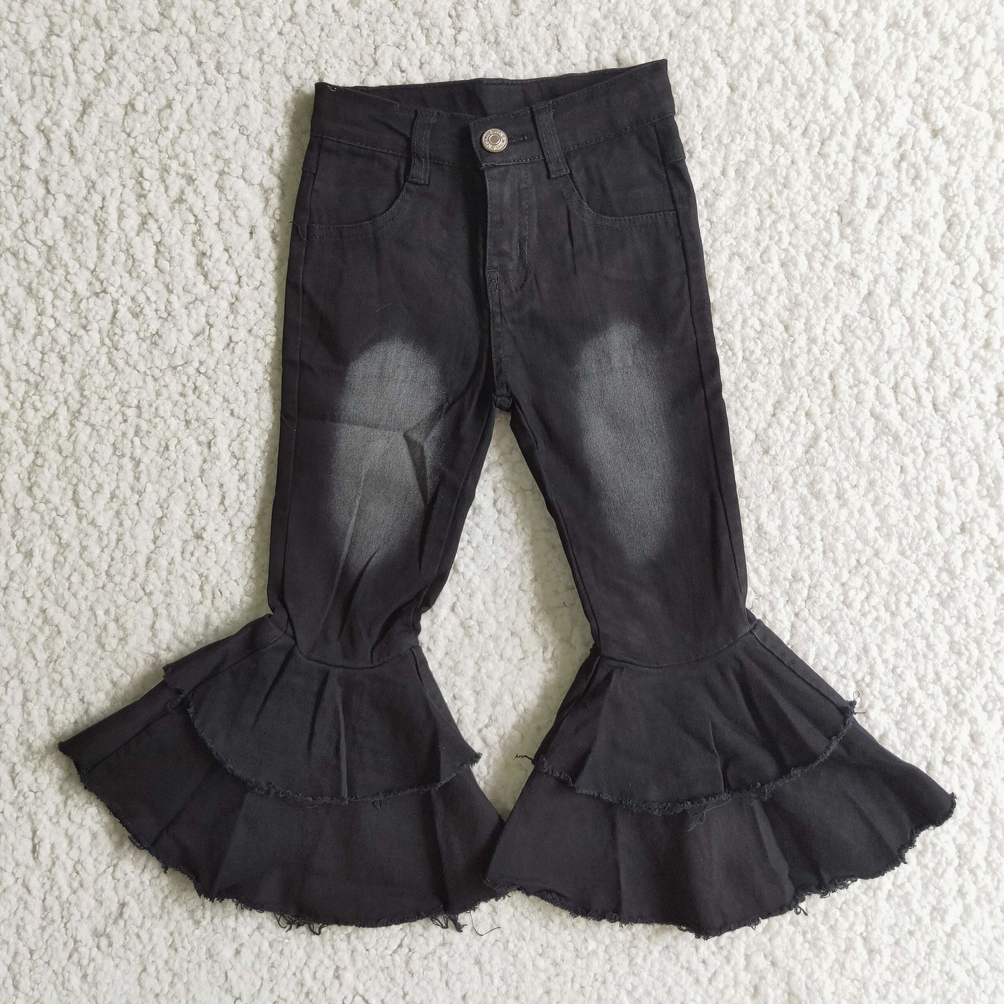 black bleached double ruffles button jeans denim pant 0402