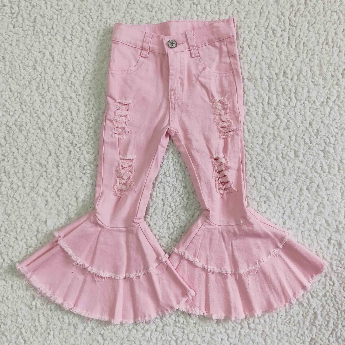 P0005 RTS pink bleached double ruffles button jeans denim pants 0622