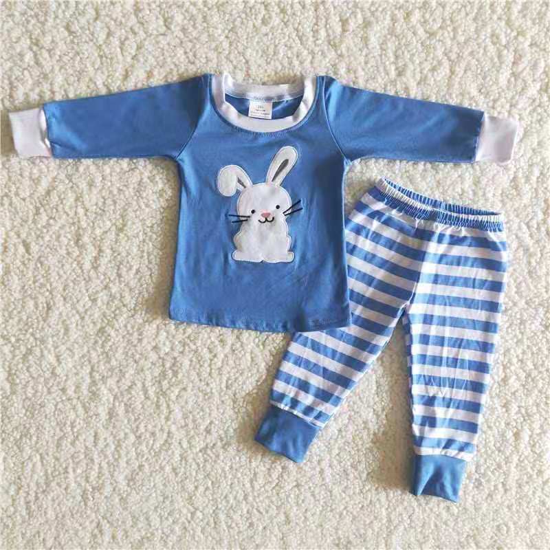 promotion 6 B13-27 Easter boy rabbit blue white embroidery stripe long sleeve pajamas outfit  20230103 RTS