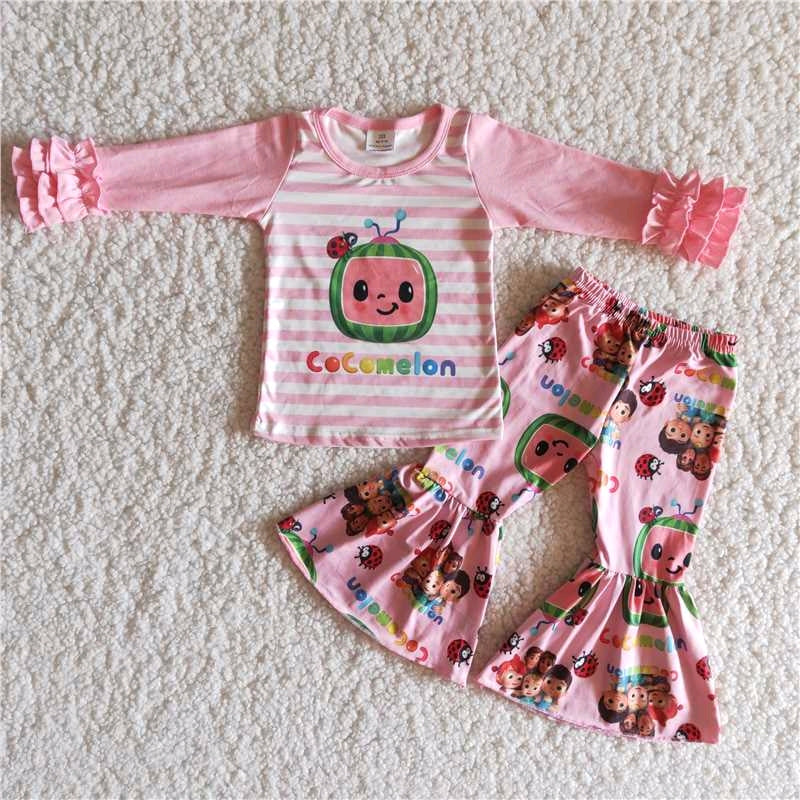 promotion 6 B11-23 cartoon watermelon pink stripe ruffles long sleeve bell bottom pants girl outfit 202408