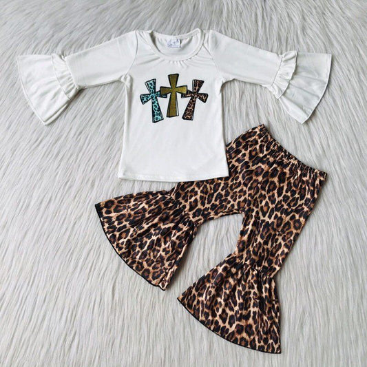 promotion easter girl cross leopard print white long sleeve bell bottom pants outfits